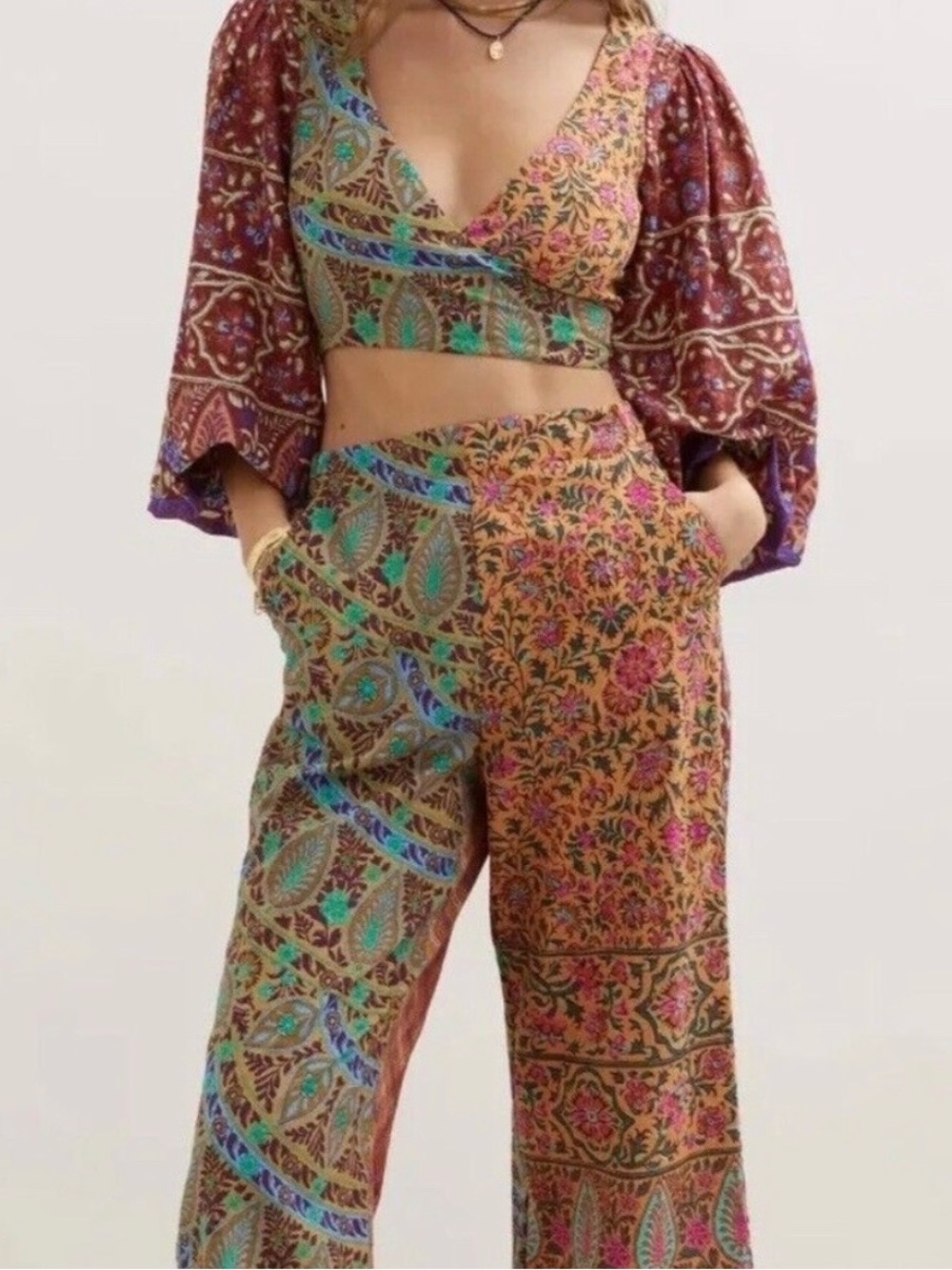 BOTEH Canar Set Sz 3 / US 8 Floral Crop Wrap Top & Pants Free People Boho Retro